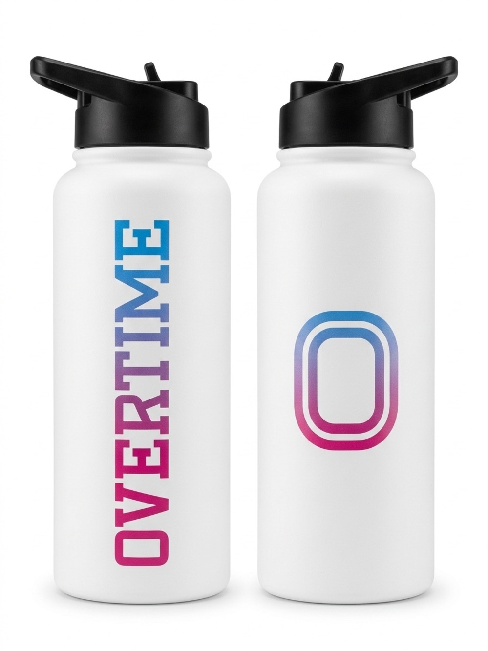White Stainless Water Bottle with Gradient 'OVERTIME' Text